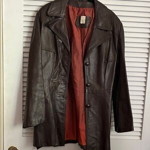 Vintage Dark Brown Leather Coat with Rust Satin Lining
